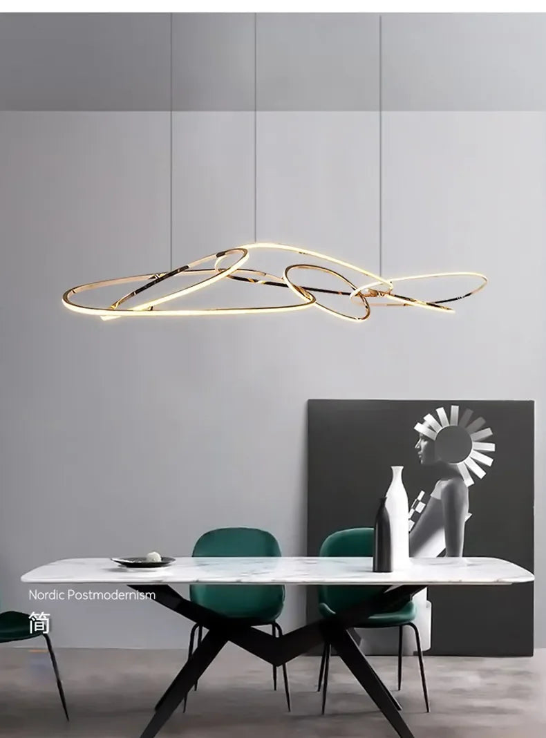 modern rose gold LED chandelier, irregular rings, for living and dining rooms, kitchen hanging lights luminaire