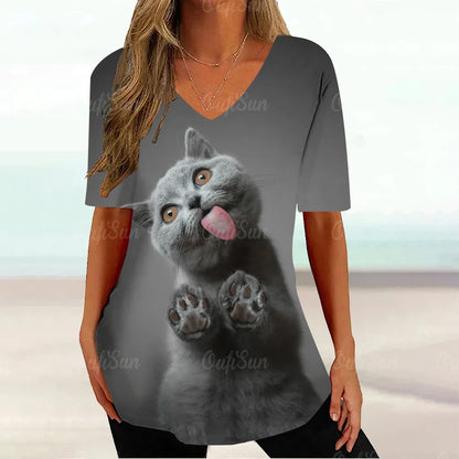 Cat Graphic T Shirt For Women Painting Print Loose Clothing