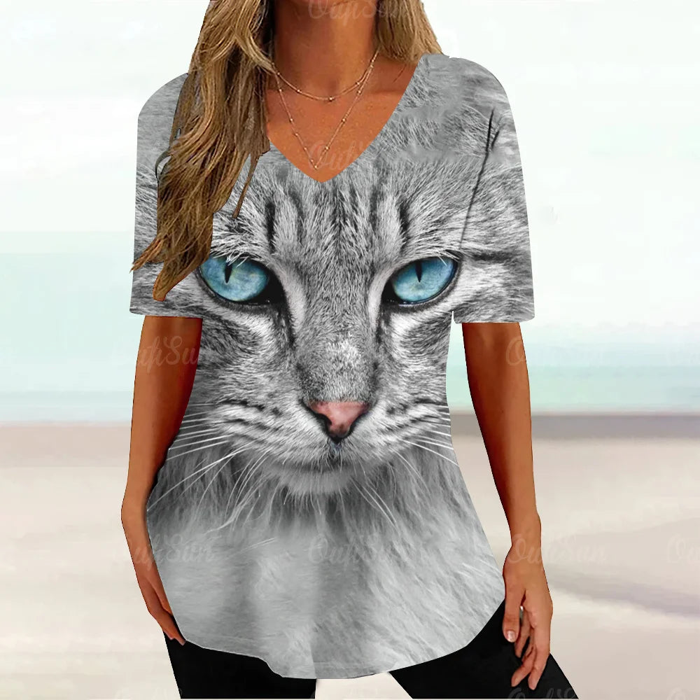 Cat Graphic T Shirt For Women Painting Print Loose Clothing