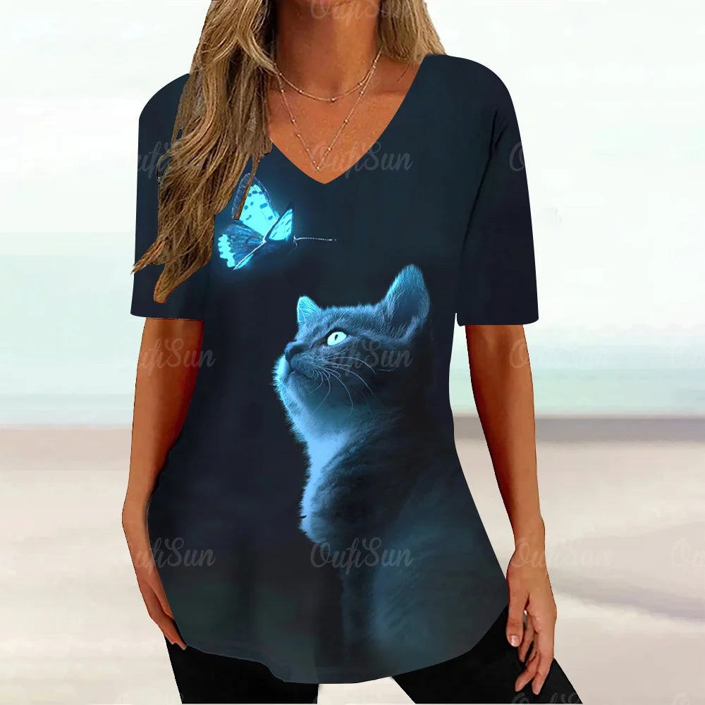 Cat Graphic T Shirt For Women Painting Print Loose Clothing