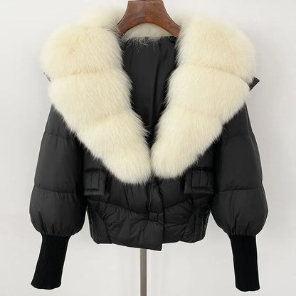 winter women's white duck down jacket with real raccoon fox fur collar loose fit coat