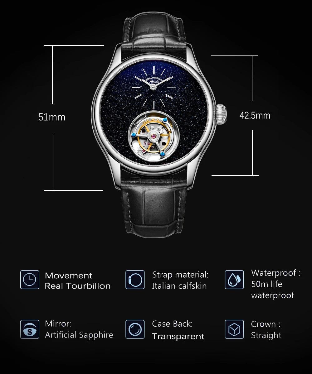 ARI ORBIS Tourbillon Movement Watch Mechanical Business Watches Starry Sky Sapphire Mirror Skeleton