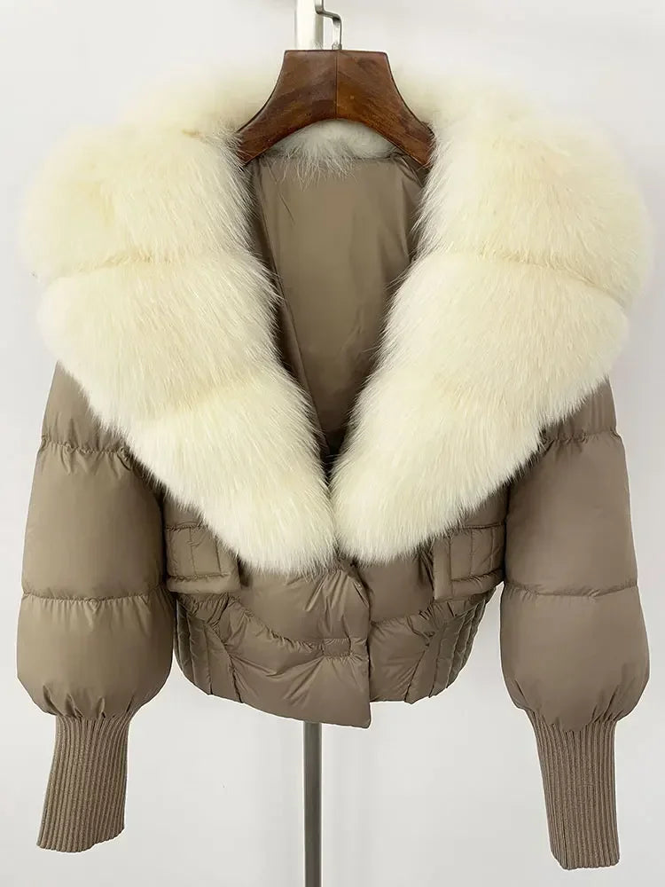 winter women's white duck down jacket with real raccoon fox fur collar loose fit coat