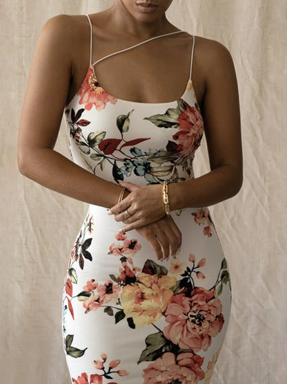 Vintage Floral Print Slim Bodycon Maxi Dress - Sleeveless Strap Elegant Club Party  for Women