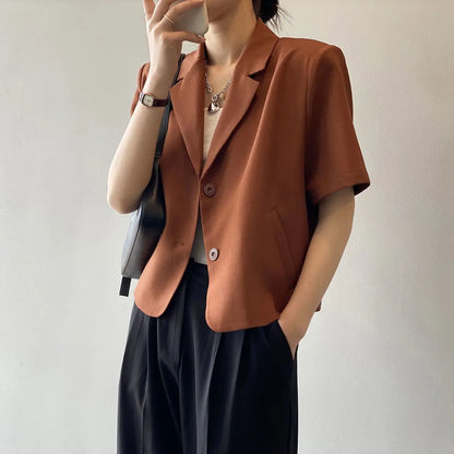 suit top women thin jacket outerwears casual short sleeve blazers solid cotton coats