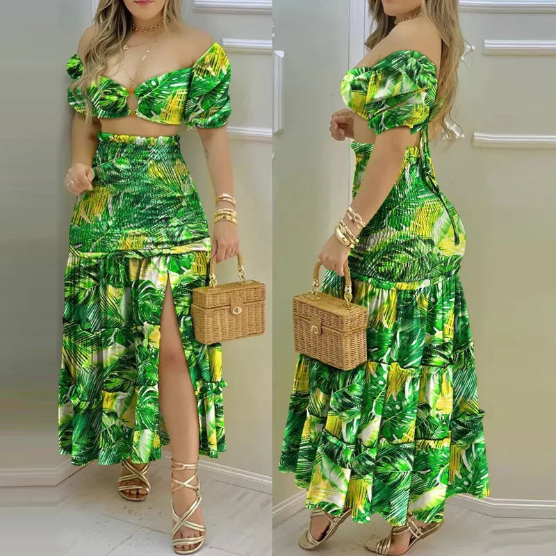 2 pieces women strapless top+ankle length floral