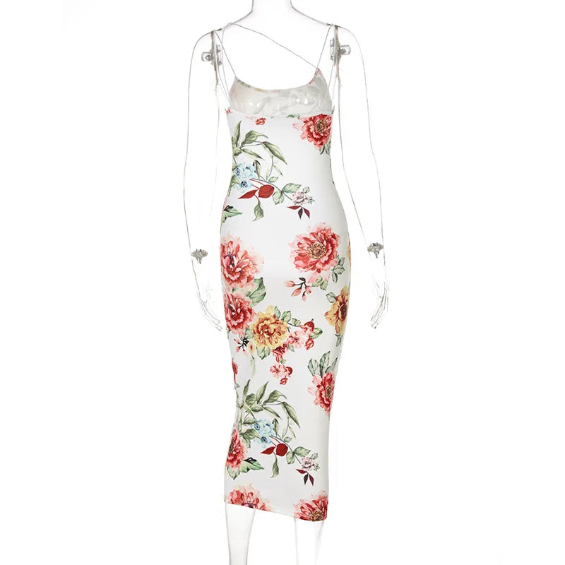 Vintage Floral Print Slim Bodycon Maxi Dress - Sleeveless Strap Elegant Club Party  for Women