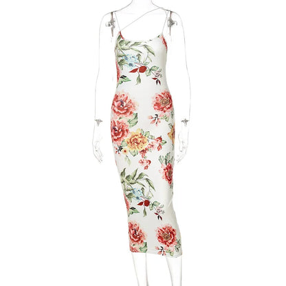 Vintage Floral Print Slim Bodycon Maxi Dress - Sleeveless Strap Elegant Club Party  for Women