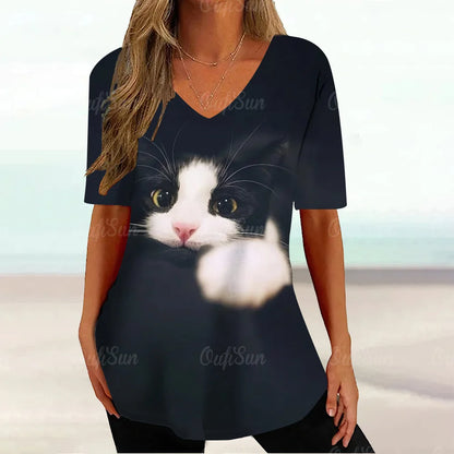 Cat Graphic T Shirt For Women Painting Print Loose Clothing