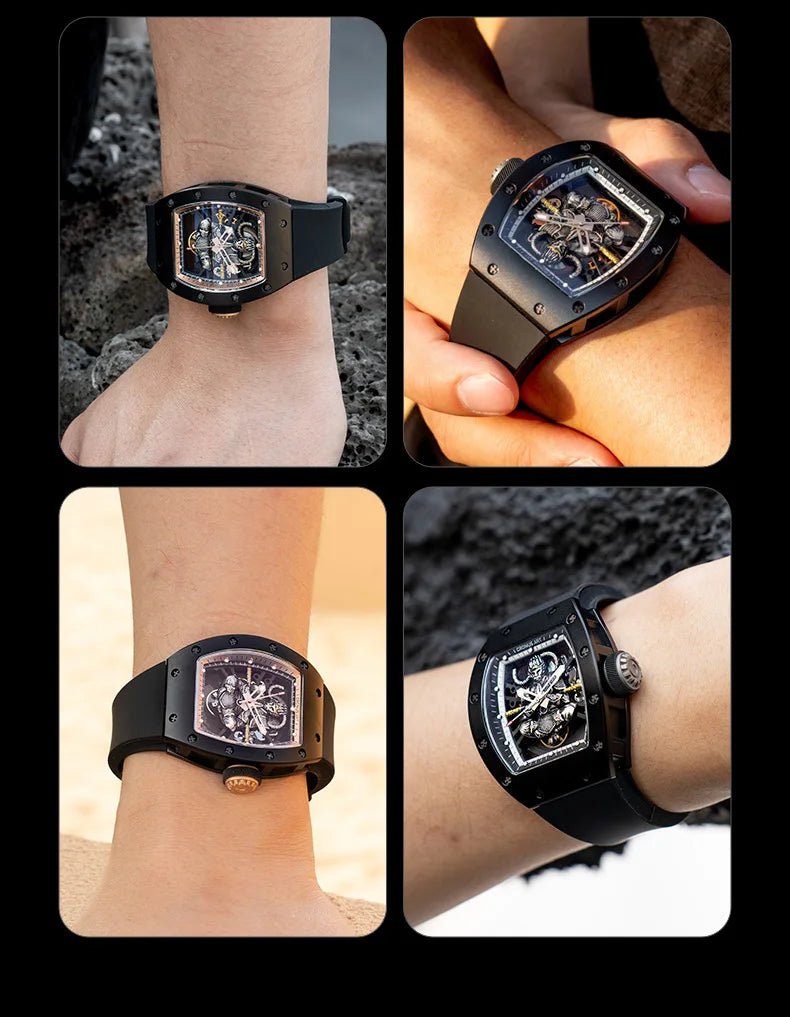 Collage of a black wristwatch on a wrist with close-up details.