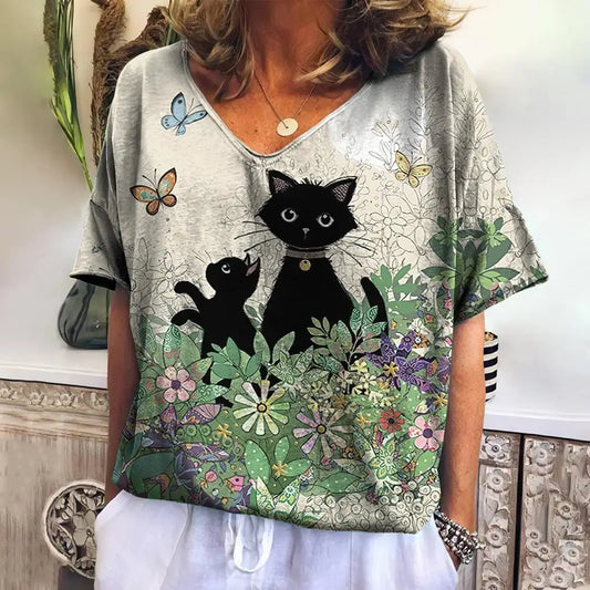 Women T Shirts Cartoon Cat Graphic