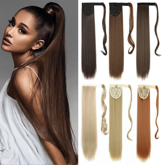 Ponytail Hair Extension Clip in Fake Wig Hairpiece  Long Smooth Overhead Pony Tail