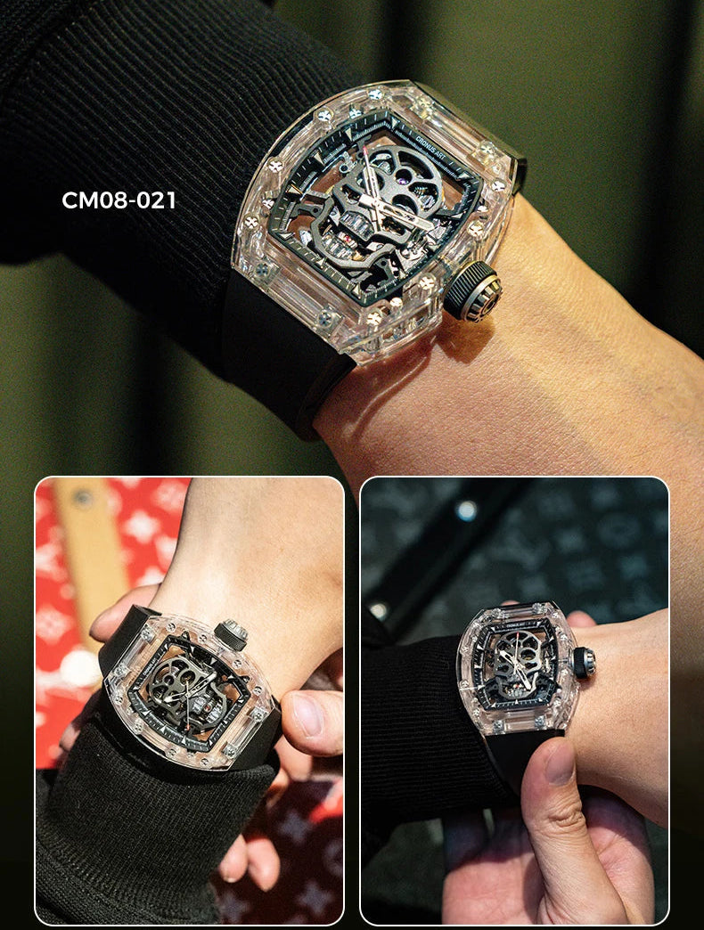 Cronus art mechanical men’s watch 50mm sapphire case skeleton skull dial