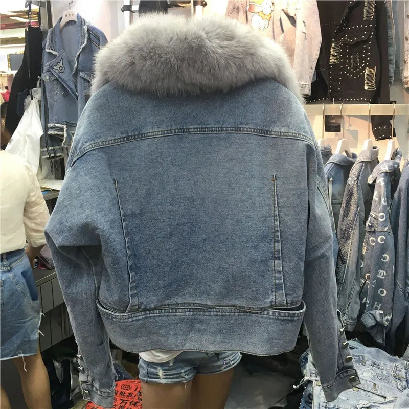 Limited availability Real Fox fur thick warm denim parkas female winter coat