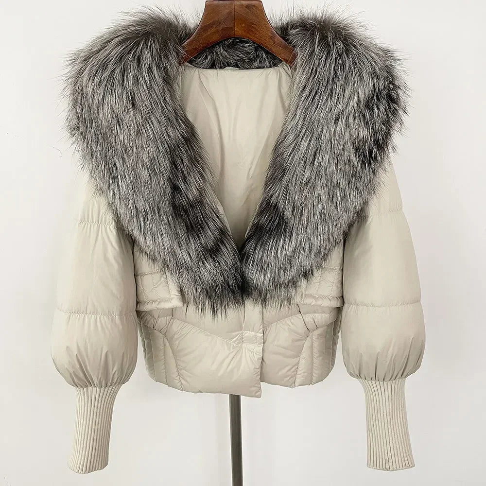 winter women's white duck down jacket with real raccoon fox fur collar loose fit coat