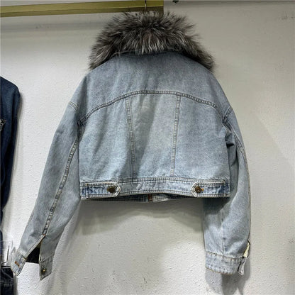 Limited availability Real Fox fur thick warm denim parkas female winter coat