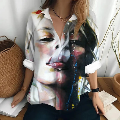 women sleeve t-shirt figure print loose button style