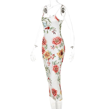 Vintage Floral Print Slim Bodycon Maxi Dress - Sleeveless Strap Elegant Club Party  for Women