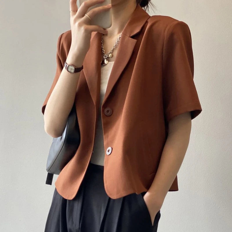 suit top women thin jacket outerwears casual short sleeve blazers solid cotton coats