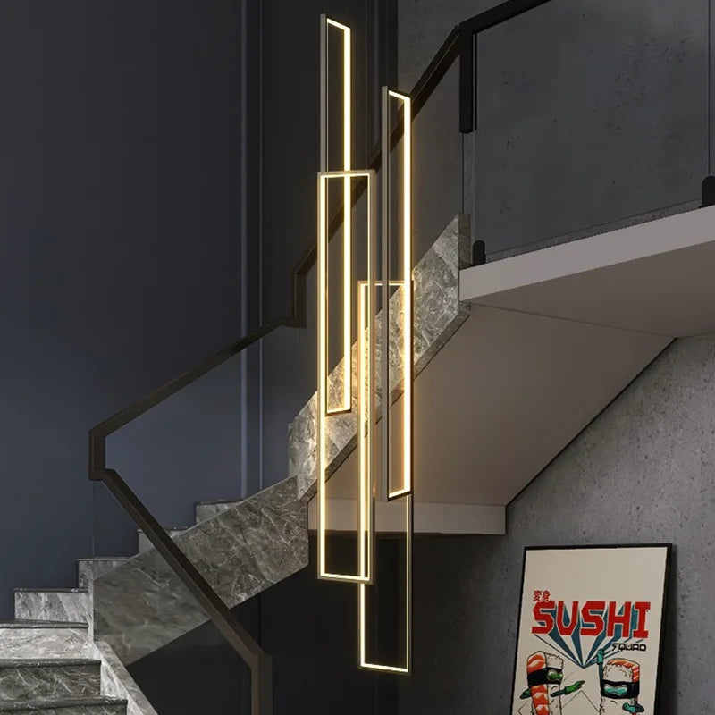 modern led pendant light, minimalist rectangular chandelier, black/gold, for staircases and living rooms