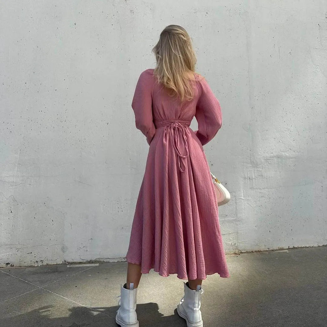 Lace-up square collar dress for women, with lantern sleeves, perfect for streetwear