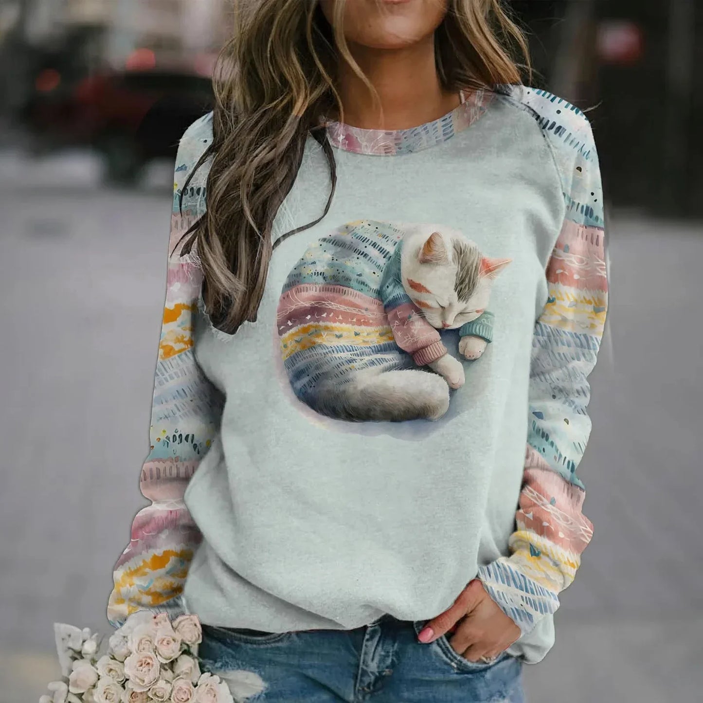 Cotton Long Sleeve T-Shirts For Women Funny  Cat Animals Print Sweatshirts F