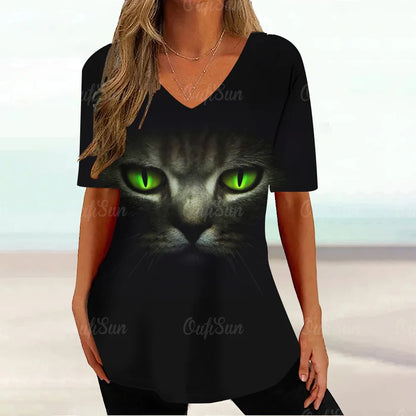 Cat Graphic T Shirt For Women Painting Print Loose Clothing