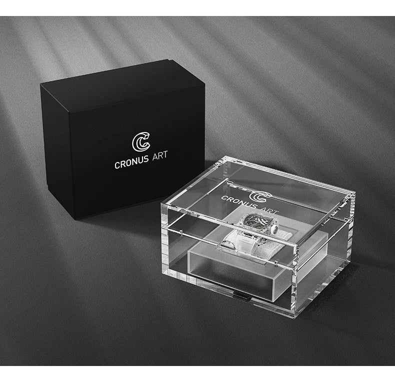 Cronus Art clear acrylic box with black branded box on a gray background