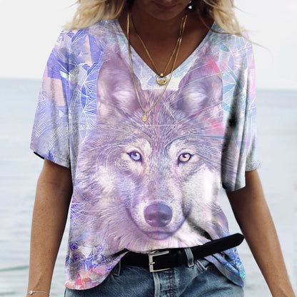 Unisex t-shirt featuring a 3D print of a wolf among many designs