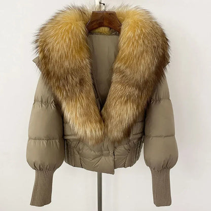 winter women's white duck down jacket with real raccoon fox fur collar loose fit coat