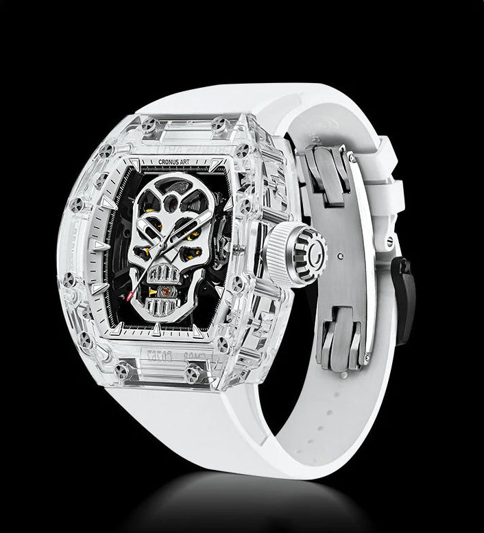 Luxury watch with a white fluororubber strap on a promotional card.