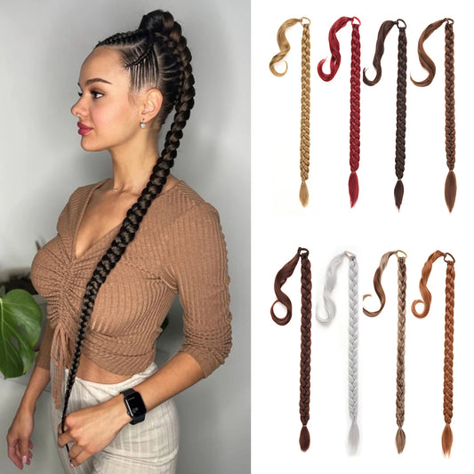 Long Braided Ponytail Extension with Elastic Tie Long Straight