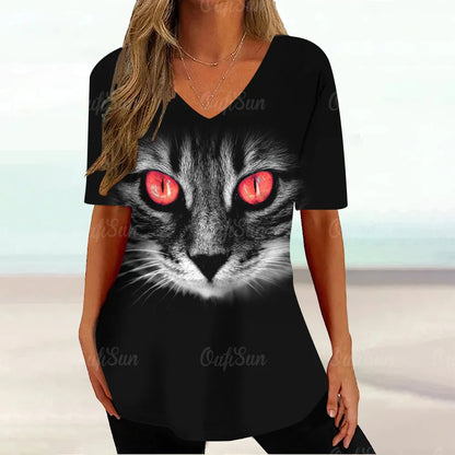 Cat Graphic T Shirt For Women Painting Print Loose Clothing