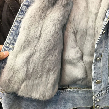 Limited availability Real Fox fur thick warm denim parkas female winter coat