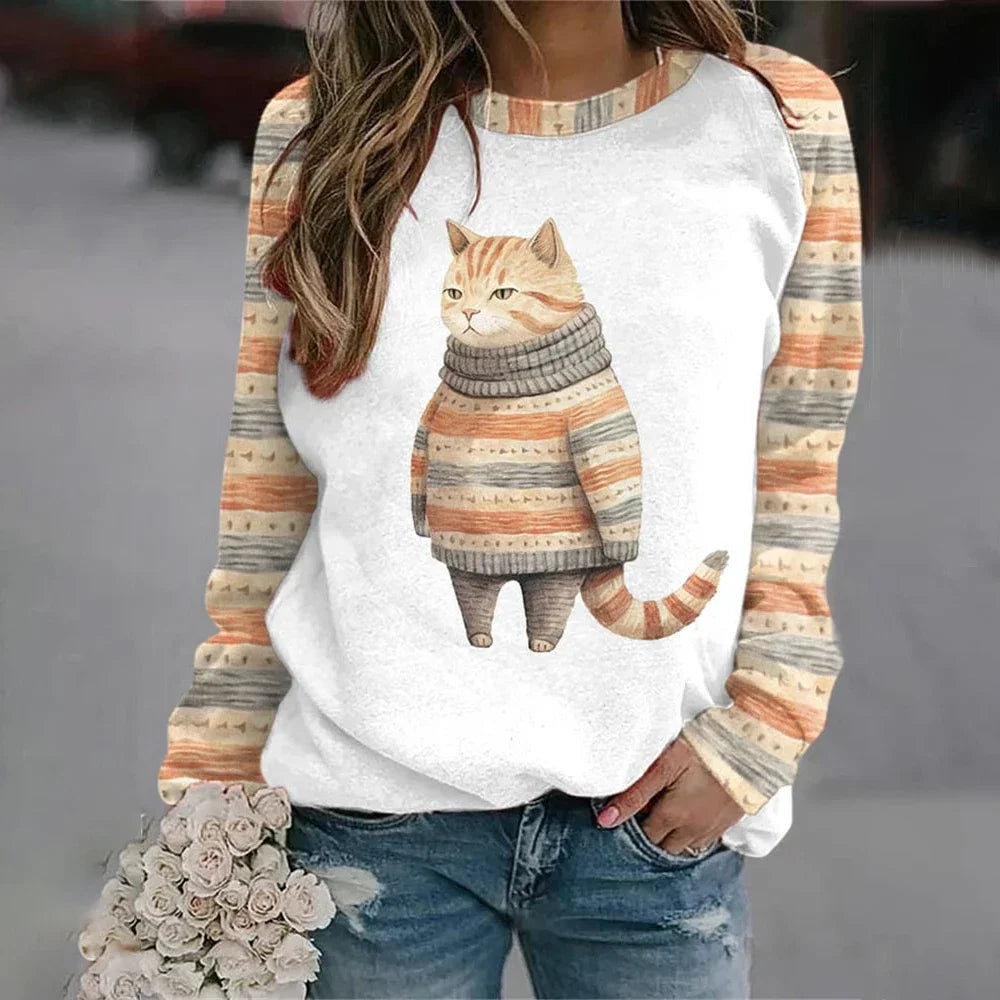 Cotton Long Sleeve T-Shirts For Women Funny  Cat Animals Print Sweatshirts F