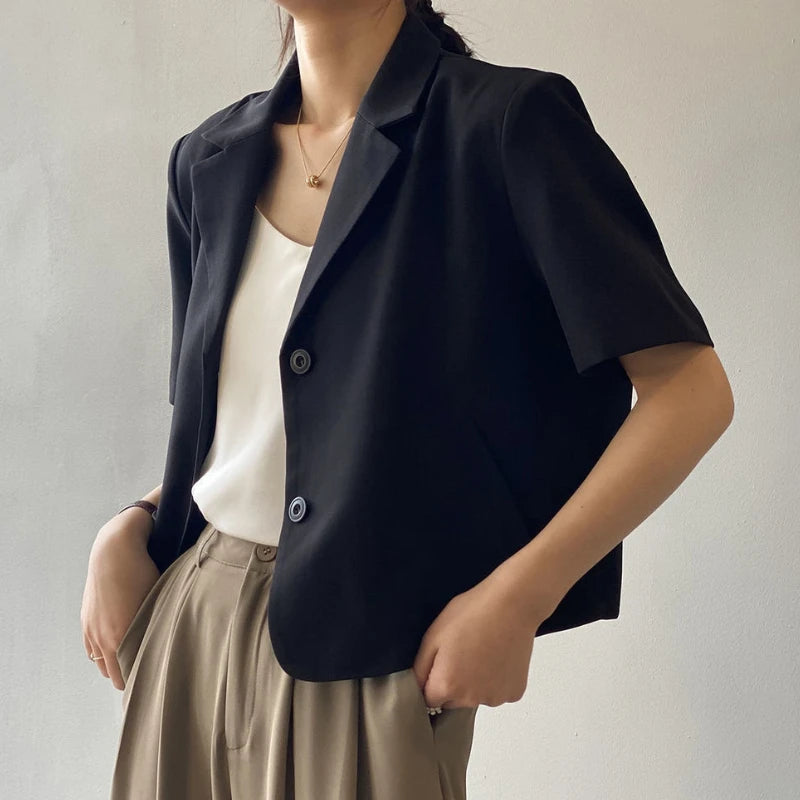 suit top women thin jacket outerwears casual short sleeve blazers solid cotton coats