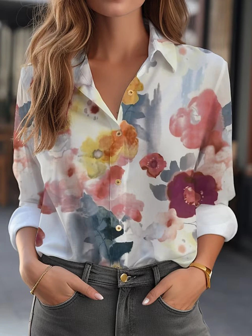 women's fashion shirt with abstract print, elegant loose fit,