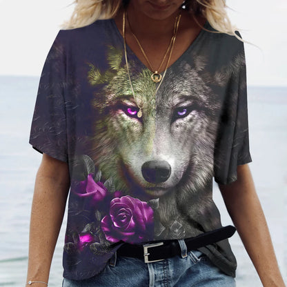 Unisex t-shirt featuring a 3D print of a wolf among many designs