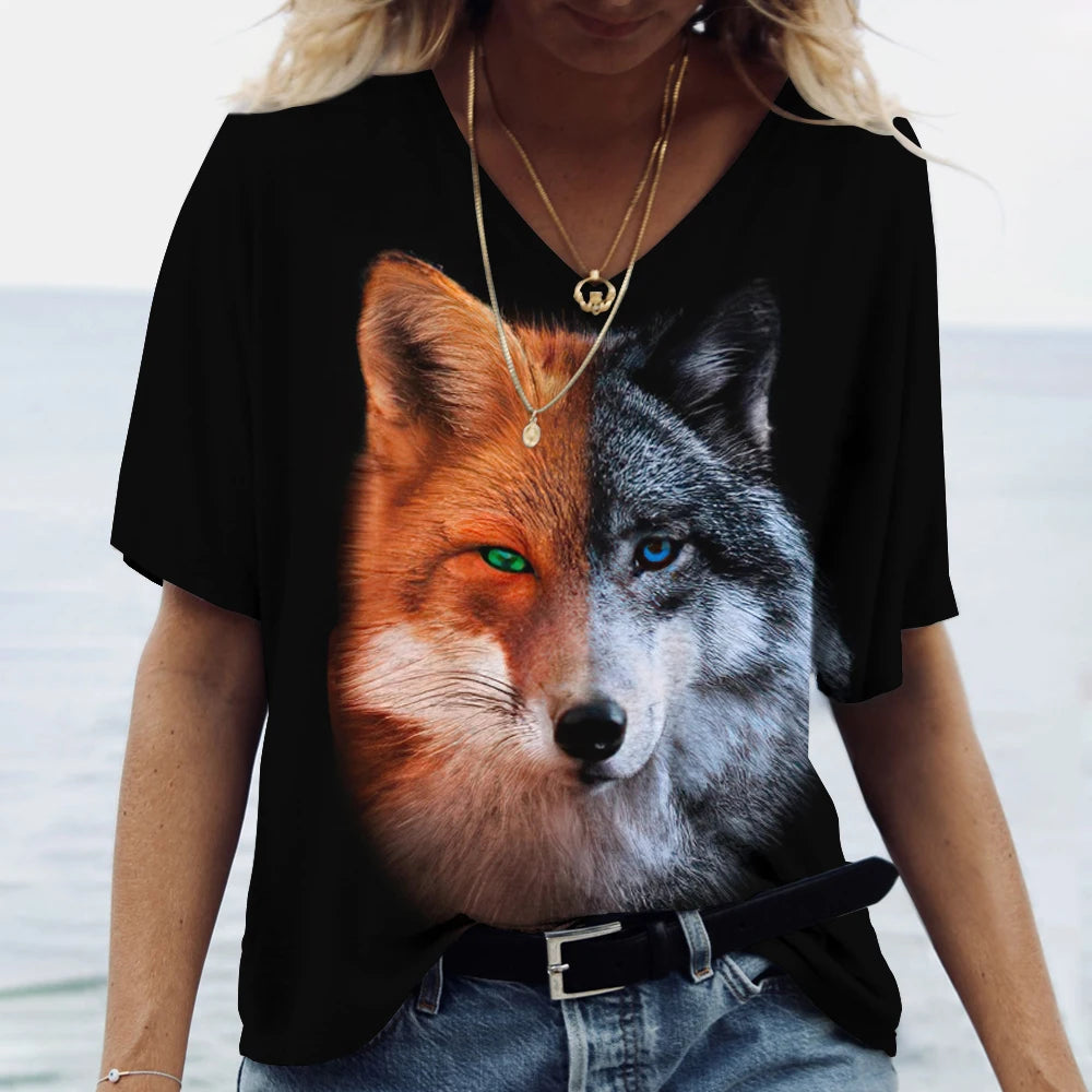 Unisex t-shirt featuring a 3D print of a wolf among many designs