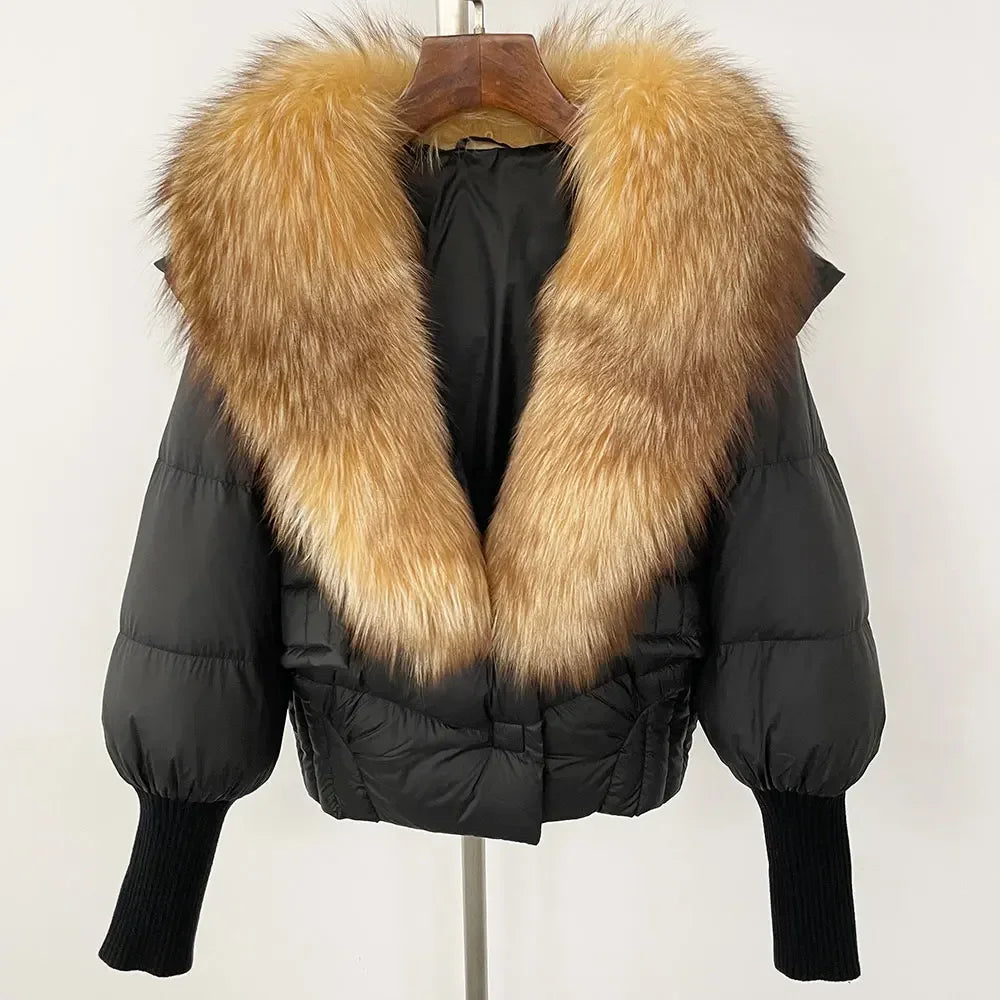 winter women's white duck down jacket with real raccoon fox fur collar loose fit coat