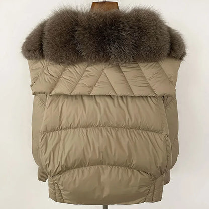 winter women's white duck down jacket with real raccoon fox fur collar loose fit coat