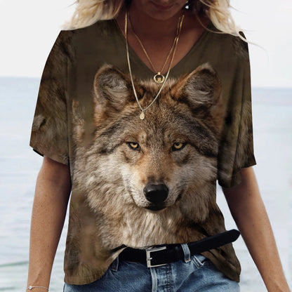 Unisex t-shirt featuring a 3D print of a wolf among many designs