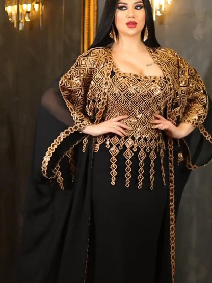 women's two-piece shiny embroidered abaya and vest set long dress overgarment