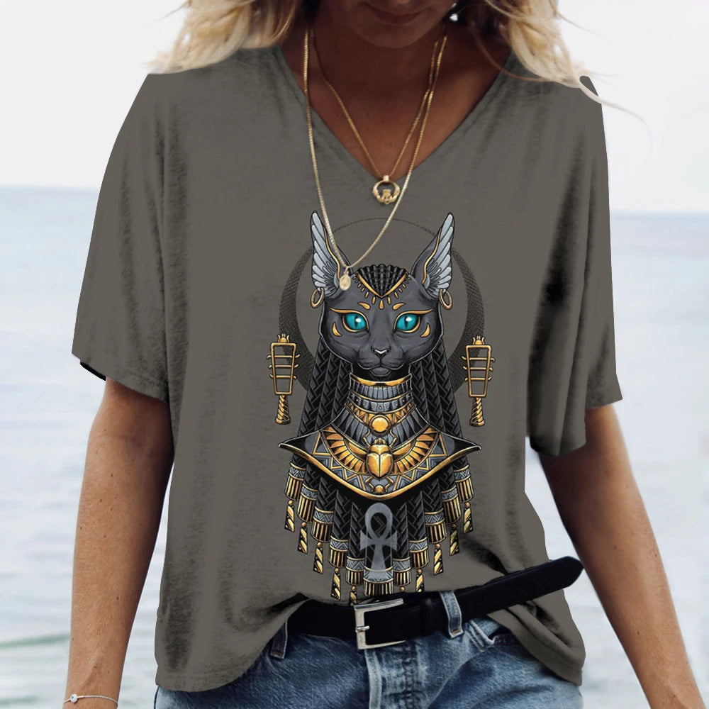 Cat Graphic T Shirt For Women Painting Print Loose Clothing