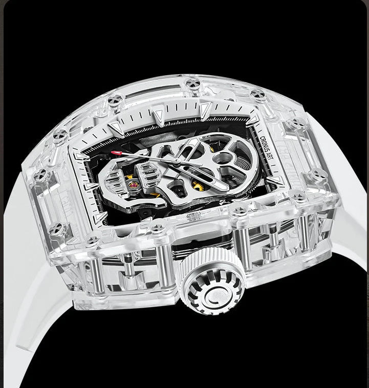 Transparent ring with intricate design on a black background