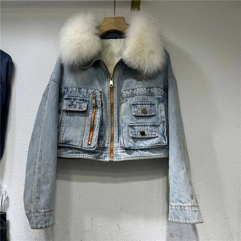 Limited availability Real Fox fur thick warm denim parkas female winter coat