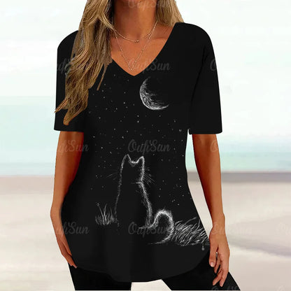 Cat Graphic T Shirt For Women Painting Print Loose Clothing