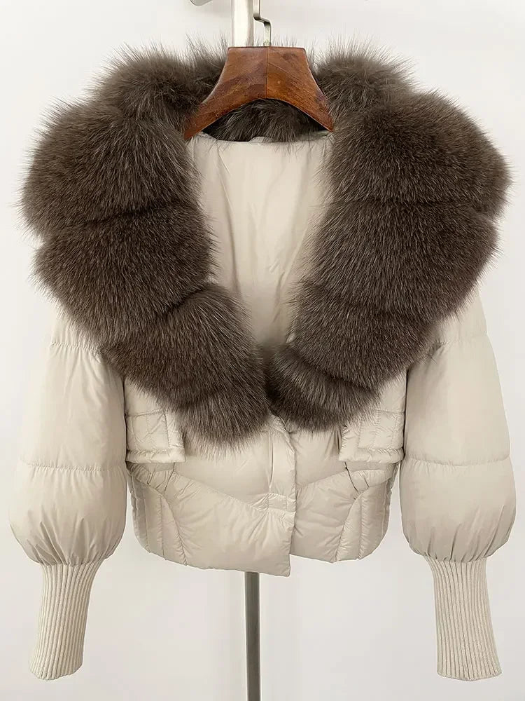 winter women's white duck down jacket with real raccoon fox fur collar loose fit coat