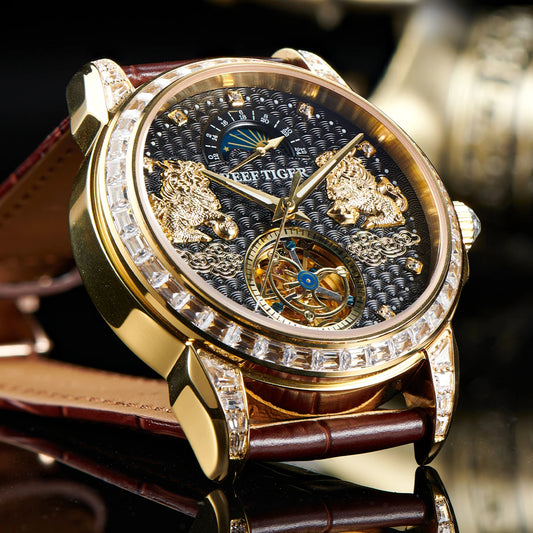Reef tiger automatic watch rose gold pixiu dial diamond bezel leather strap