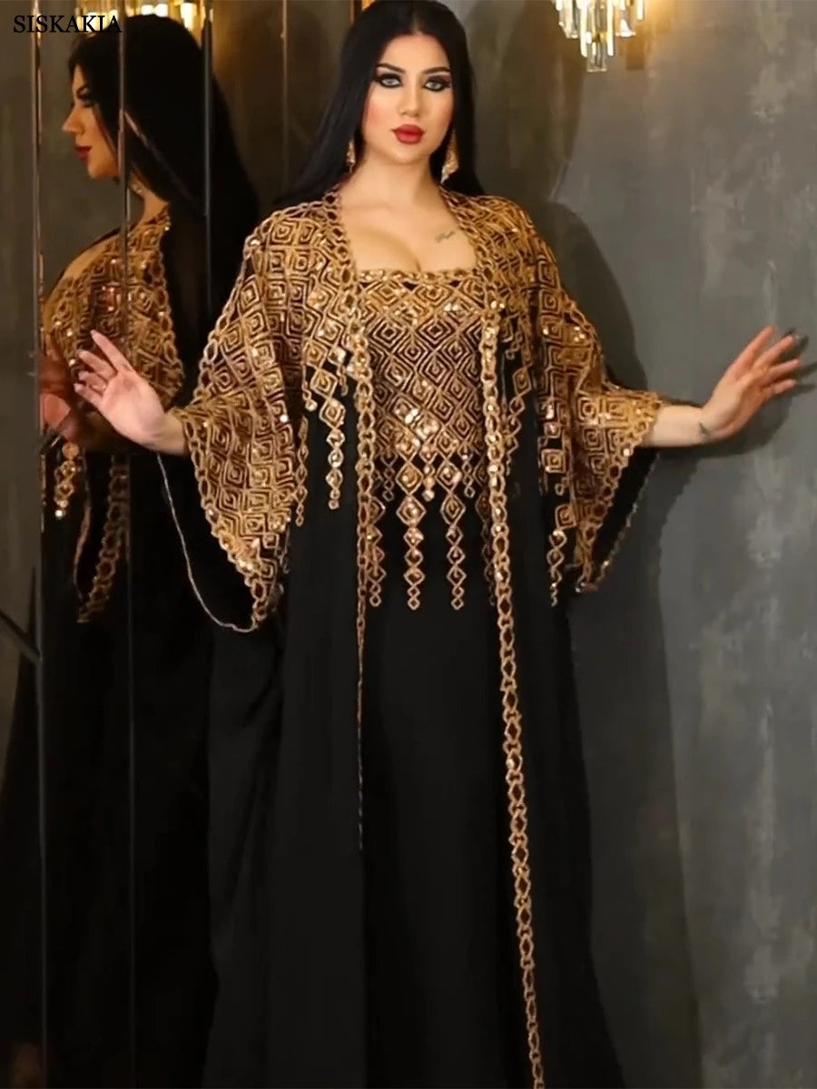 women's two-piece shiny embroidered abaya and vest set long dress overgarment